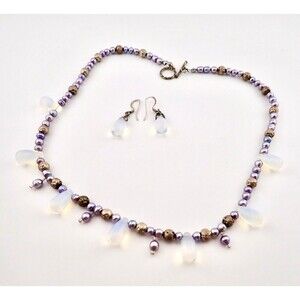 Southwest Silver & Opal Beaded Necklace Matching Earring Set Teardrop Opalescent